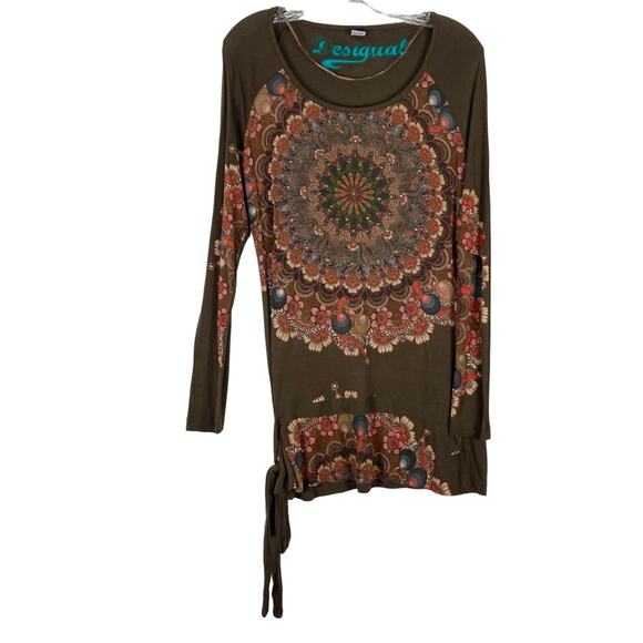 NWT DESIGUAL Top EU L~US M Brown Floral Rhinestone Art Tie-Bow-Side Long-Sleeve - Picture 2 of 11